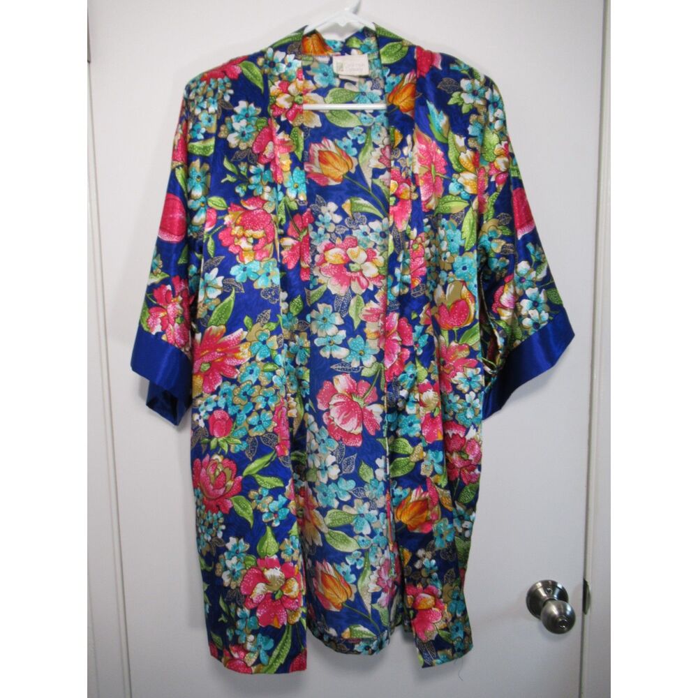 VTG California Dynasty Blue & Pink Satin Floral Kimono Robe w/Pockets Size Small
